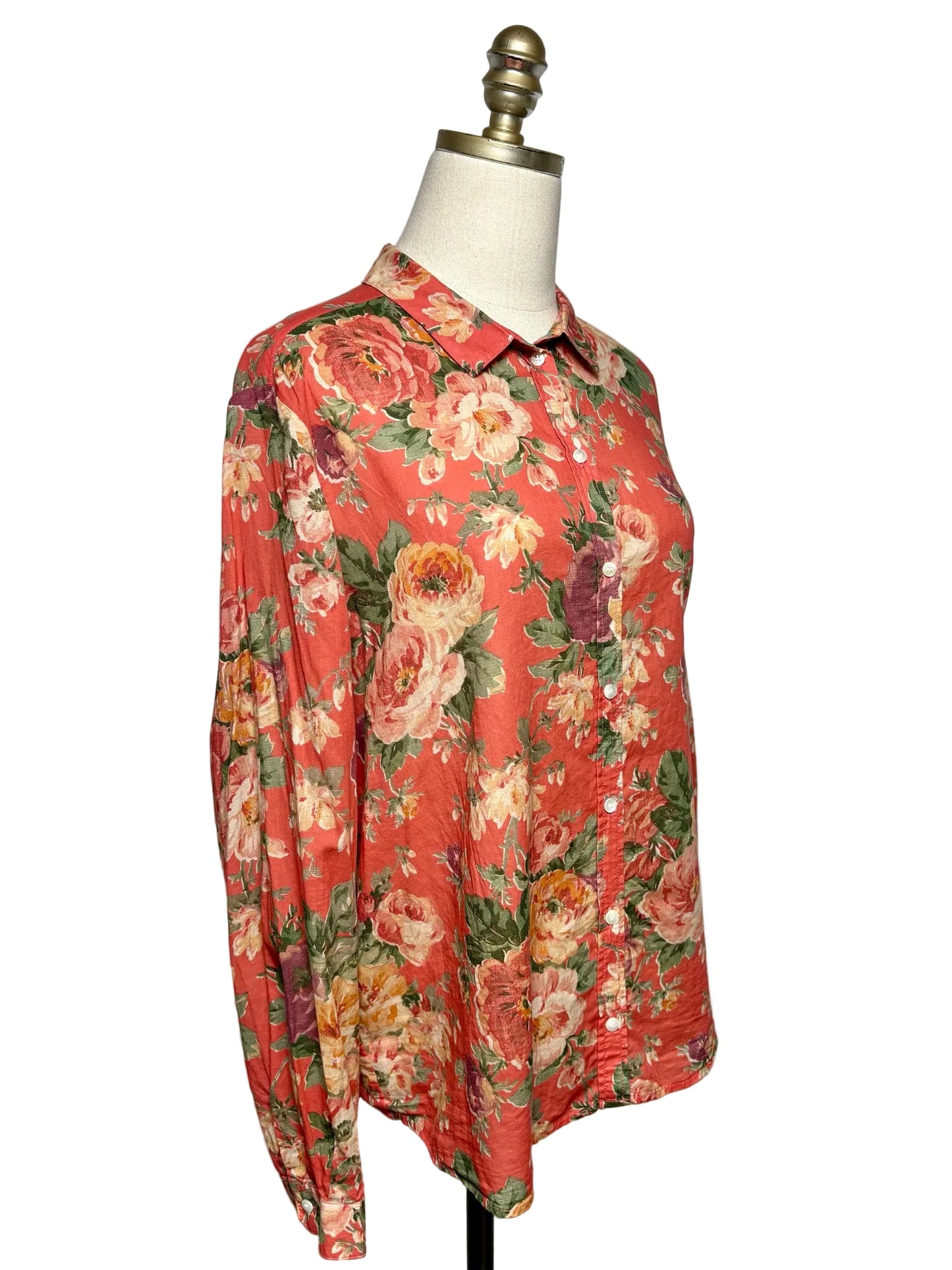 Women Size 42 Sézane Orange & Red Floral Print Pure Cotton Pre-Owned Button-Down Shirt