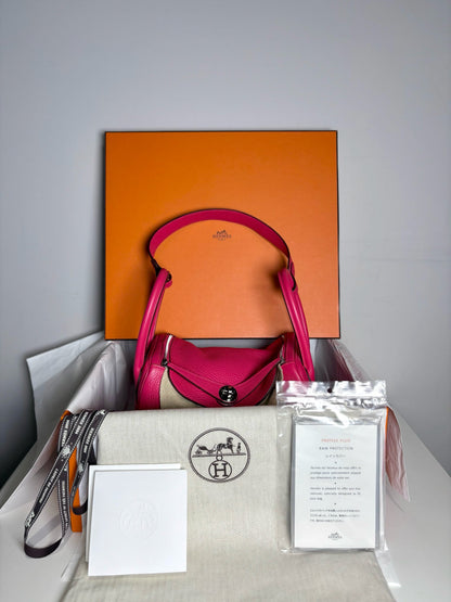 Hermes Taurillon Clemence Lindy 26 Pink Pre-owned Extreme Rose Bag