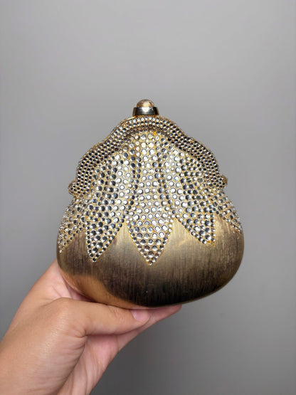 Judith Leiber Swarovski Crystals Metal Gold Chatelaine Minaudiere Clutch