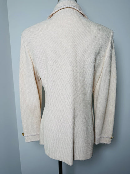 8 Ladies Blazer- St. John Cream Tweed w/ Gold Pink Sun Buttons (8