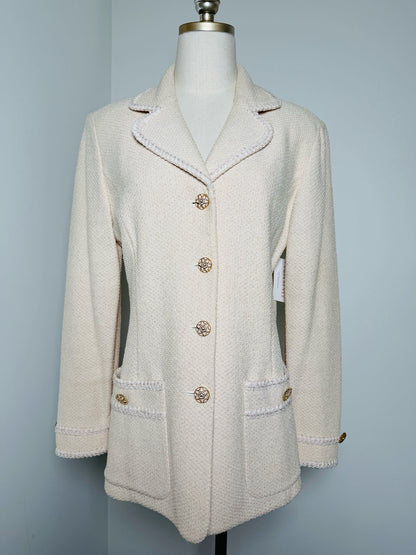 8 Ladies Blazer- St. John Cream Tweed w/ Gold Pink Sun Buttons (8