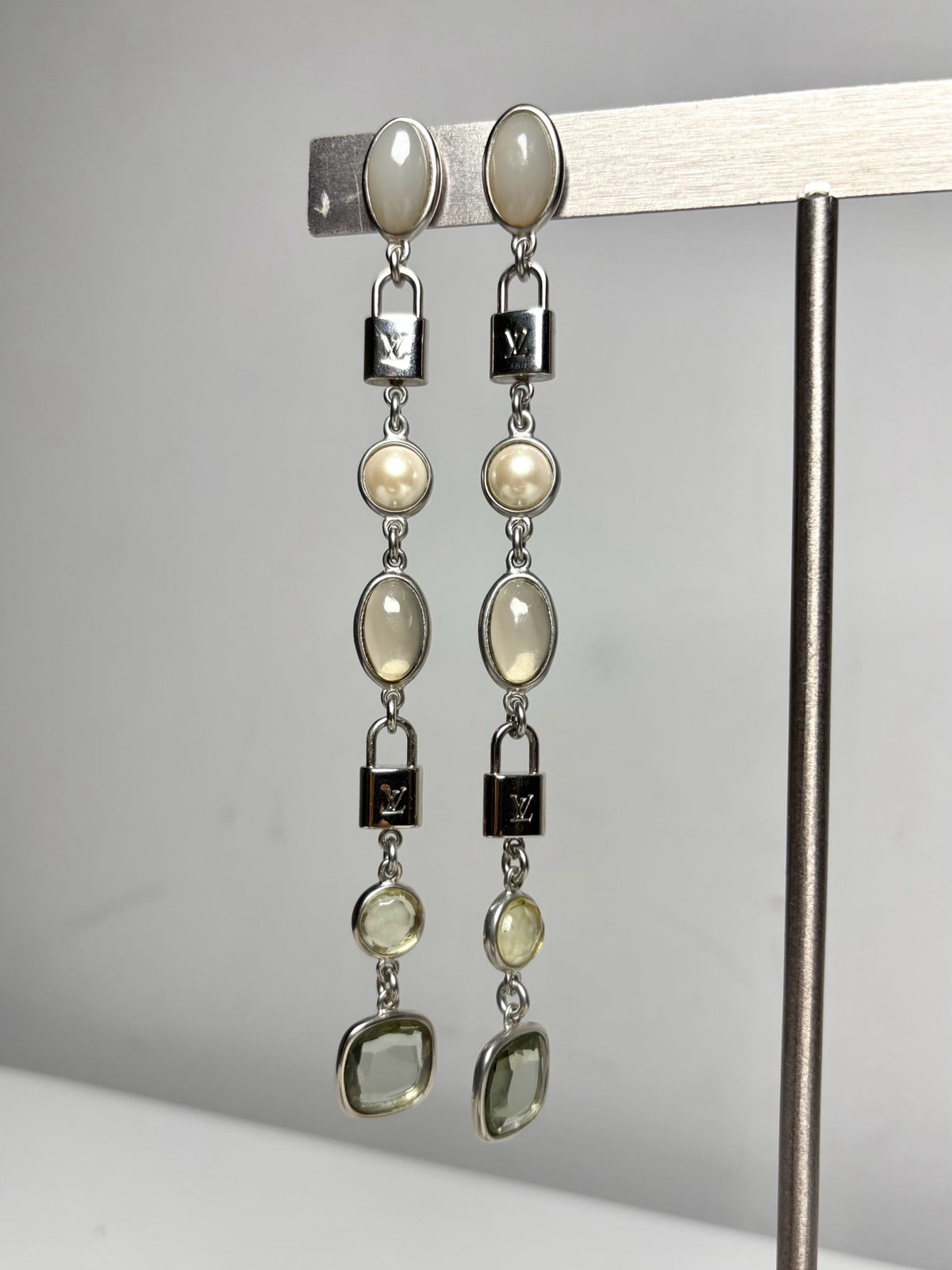 Louis Vuitton Faux Pearl Crystal Palladium Plate Drop Padlock Pre-owned Earrings