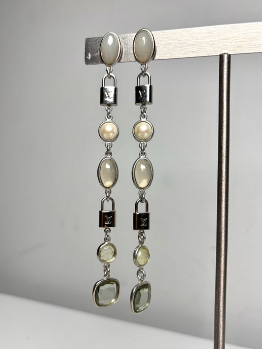 Louis Vuitton Faux Pearl Crystal Palladium Plate Drop Padlock Pre-owned Earrings - VIDA STYLE SHOP