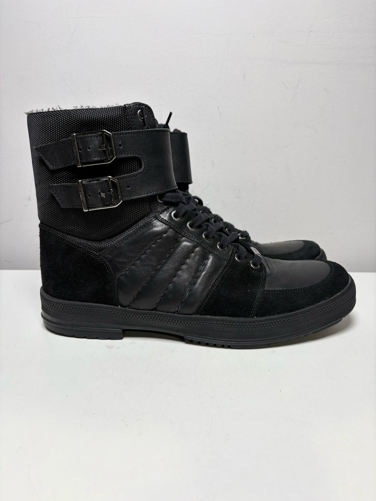 Black Men Shoe Size US 10 Versace Collection Black Leather & Nylon Pre-Owned High-Top Sneakers