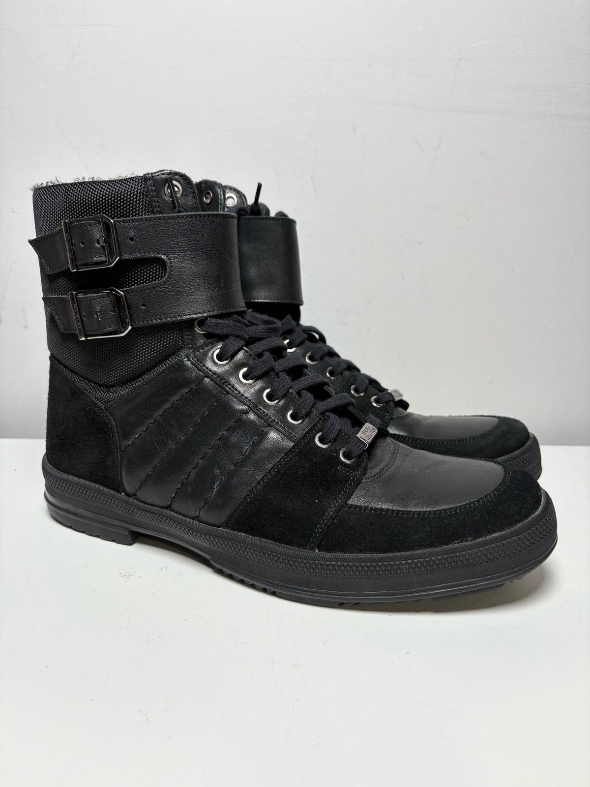 Black Men Shoe Size US 10 Versace Collection Black Leather & Nylon Pre-Owned High-Top Sneakers