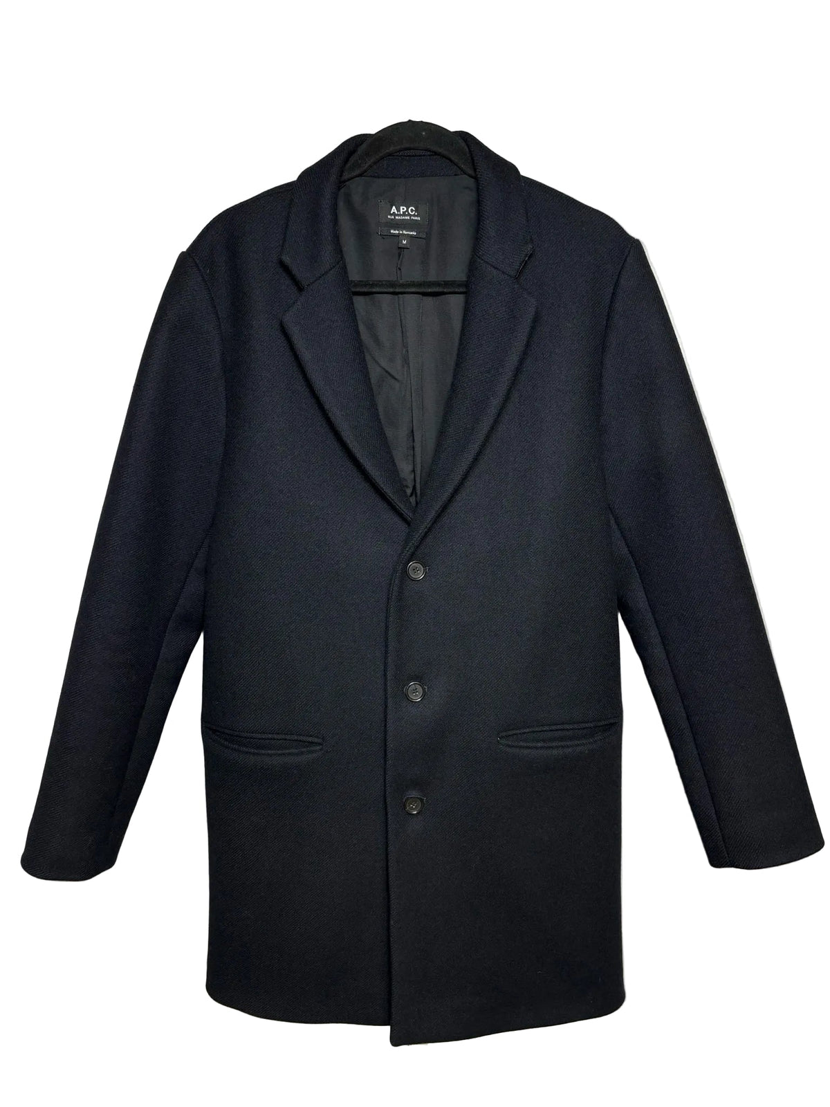 APC black wool single breasted fully lined car coat.