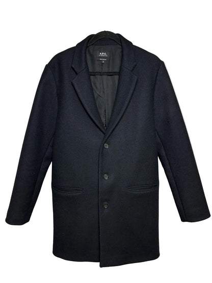 APC black wool single breasted fully lined car coat.