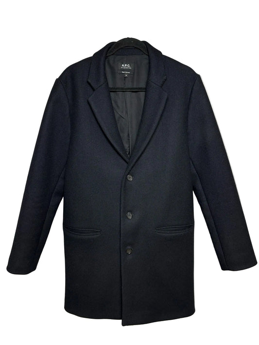 APC black wool single breasted fully lined car coat.