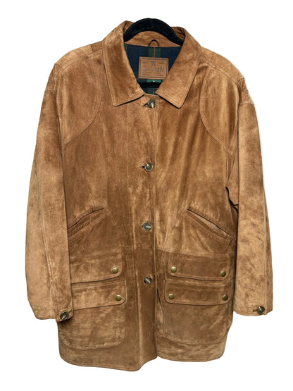 Lauren Ralph Lauren camel color suede mens jacket with four buttons and six pockets.