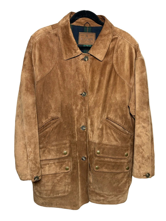 Lauren Ralph Lauren camel color suede mens jacket with four buttons and six pockets.