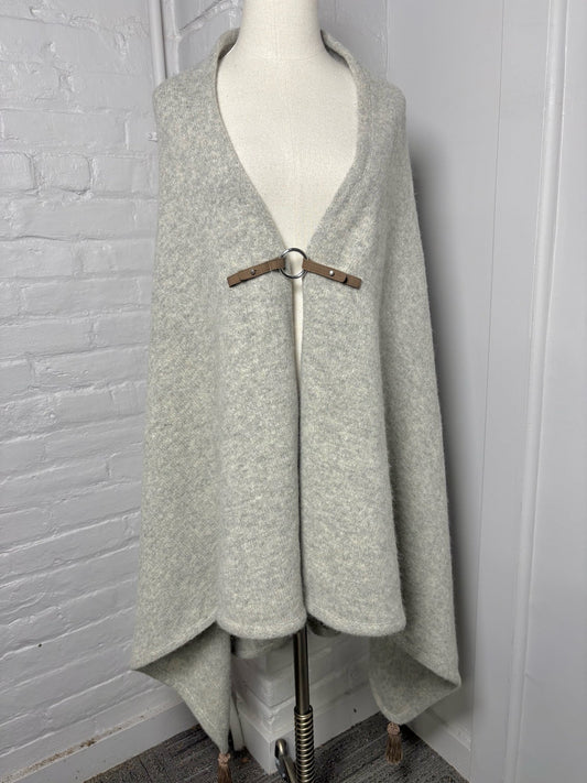 One Size Mirabelle Salzburg Gray Pure New Wool Poncho with Leather Trim & Fringe | Pre-owned