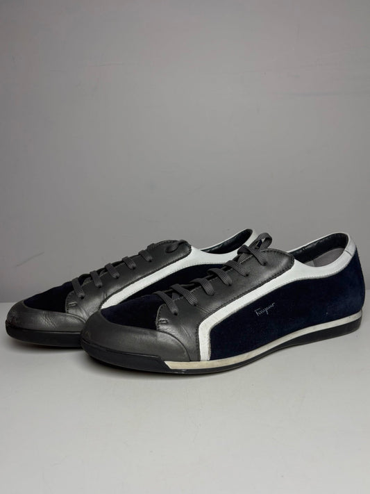 Salvatore Ferragamo Blue, Gray, White Cowhide Leather, Suede Leather Sneakers - VIDA STYLE SHOP