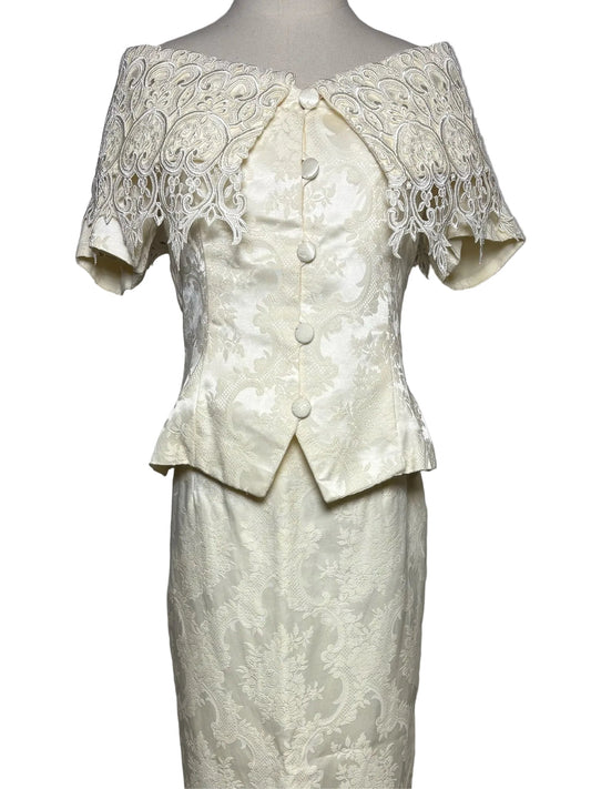 12 Size 12 Jessica McClintock Vintage Off-white Lace Jacket/Skirt Women's Suit