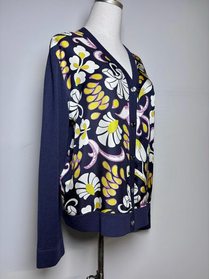 XL Size XL Tory Burch Navy,yellow,white & purple Floral Abstract Women's Cardigan