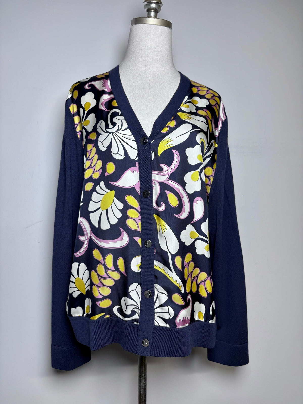 XL Size XL Tory Burch Navy,yellow,white & purple Floral Abstract Women's Cardigan