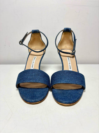 Blue W Shoe Size 38 (8 US) Manolo Blahnik Wedge Heel Blue Cotton Pre-owned Sandals