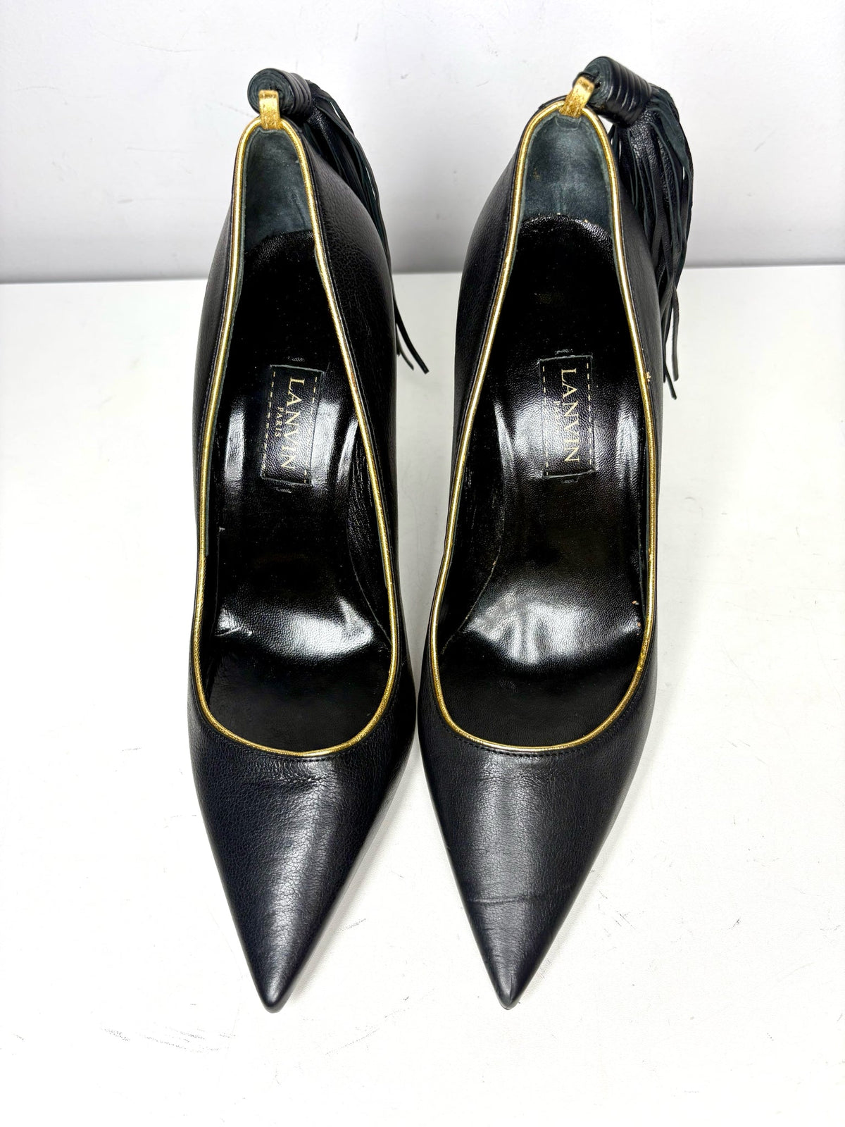 Black W Shoe Size 38.5 (8.5 US) Lanvin Ankle Tassel Black Leather Pre-owned Heels
