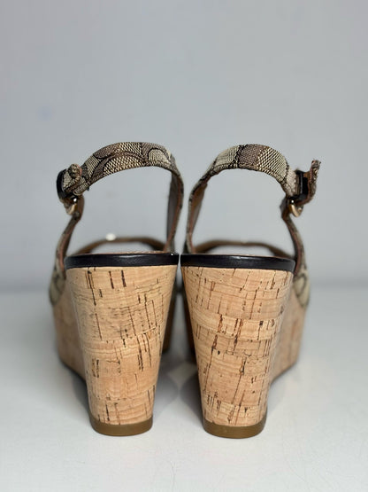 Brown W Shoe Size 6.5 Coach Brown Canvas Cowhide Women's NWOT Wedges
