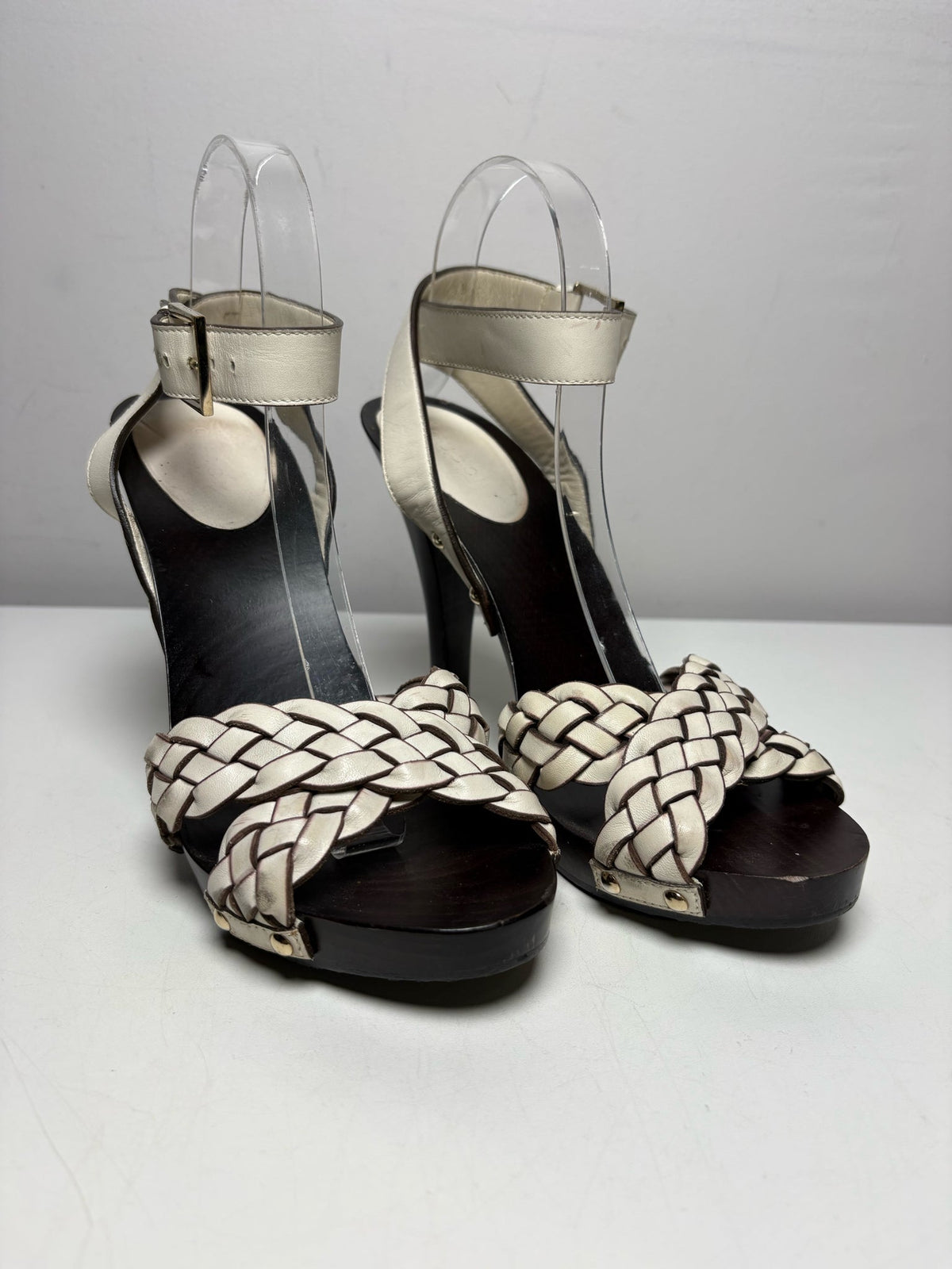 Brown, White W Shoe Size 6.5 Gucci Brown, White Leather, Wood Women's Pre-owned Heels