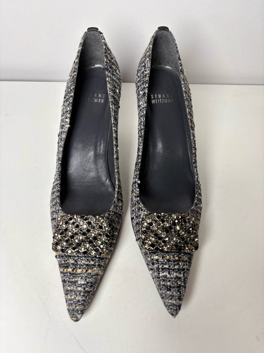 Black, gray W Shoe Size 8.5 Stuart Weitzman Black, Gray Tweed Rhinestone Buckle Heels