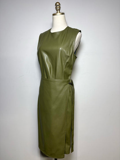 10 Women Size 10 Deveaux New York Olive Green Faux Leather Pre-Owned Midi Dress
