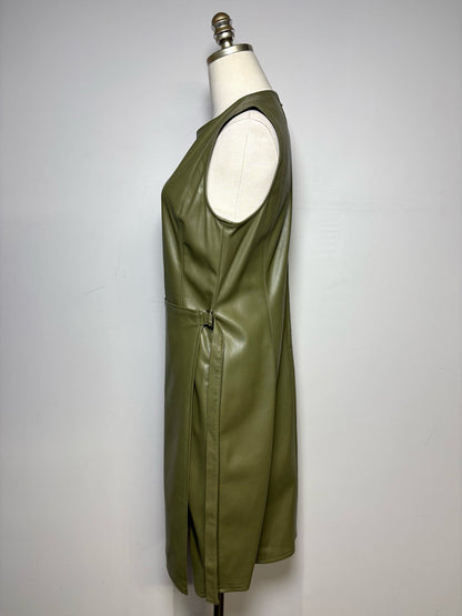 10 Women Size 10 Deveaux New York Olive Green Faux Leather Pre-Owned Midi Dress