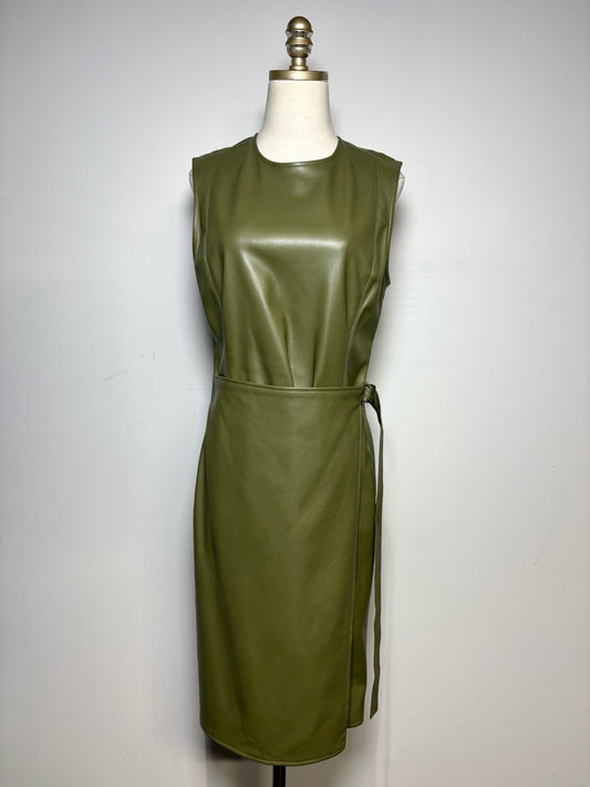 Women Size 10 Deveaux New York Olive Green Faux Leather Pre-Owned Midi Dress - VIDA STYLE SHOP