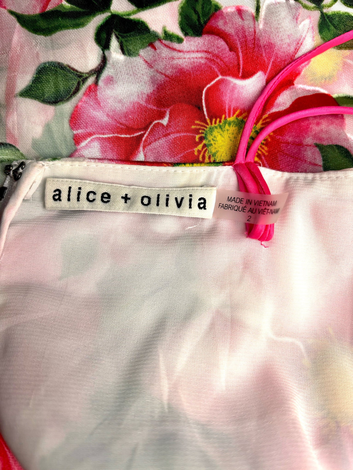 2 Women Size 2 Alice + Olivia White, Pink, Green Floral Silk Blend Pre-owned Dress