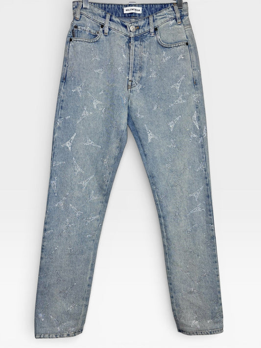 27 Women Size 27 Authentic Balenciaga Blue Denim Crystal Eiffel Tower Pre-Owned Straight-Leg Jeans