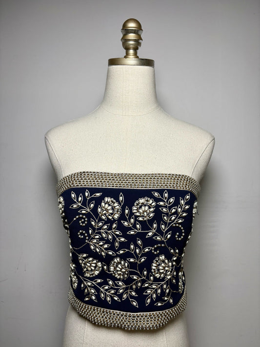 4 Women Size 4 Alice + Olivia Navy Beaded Polyester Pre-Owned Strapless Crop Top