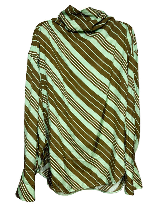 Green striped shirt in front of a white background