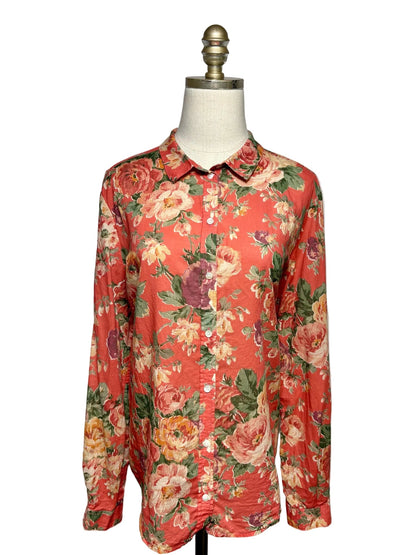 42 Women Size 42 Sézane Orange & Red Floral Print Pure Cotton Pre-Owned Button-Down Shirt