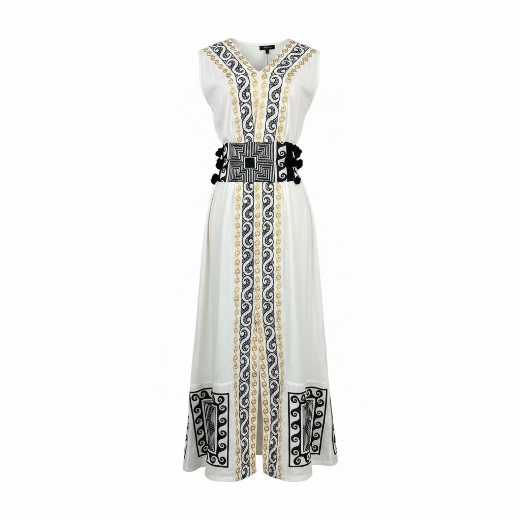 Women Size M NEMA Resort Wear Ivory Embroidered 100% Cotton Pre-owned Dress - VIDA STYLE SHOP