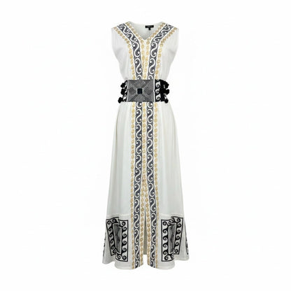Women Size M NEMA Resort Wear Ivory Embroidered 100% Cotton Pre-owned Dress - VIDA STYLE SHOP