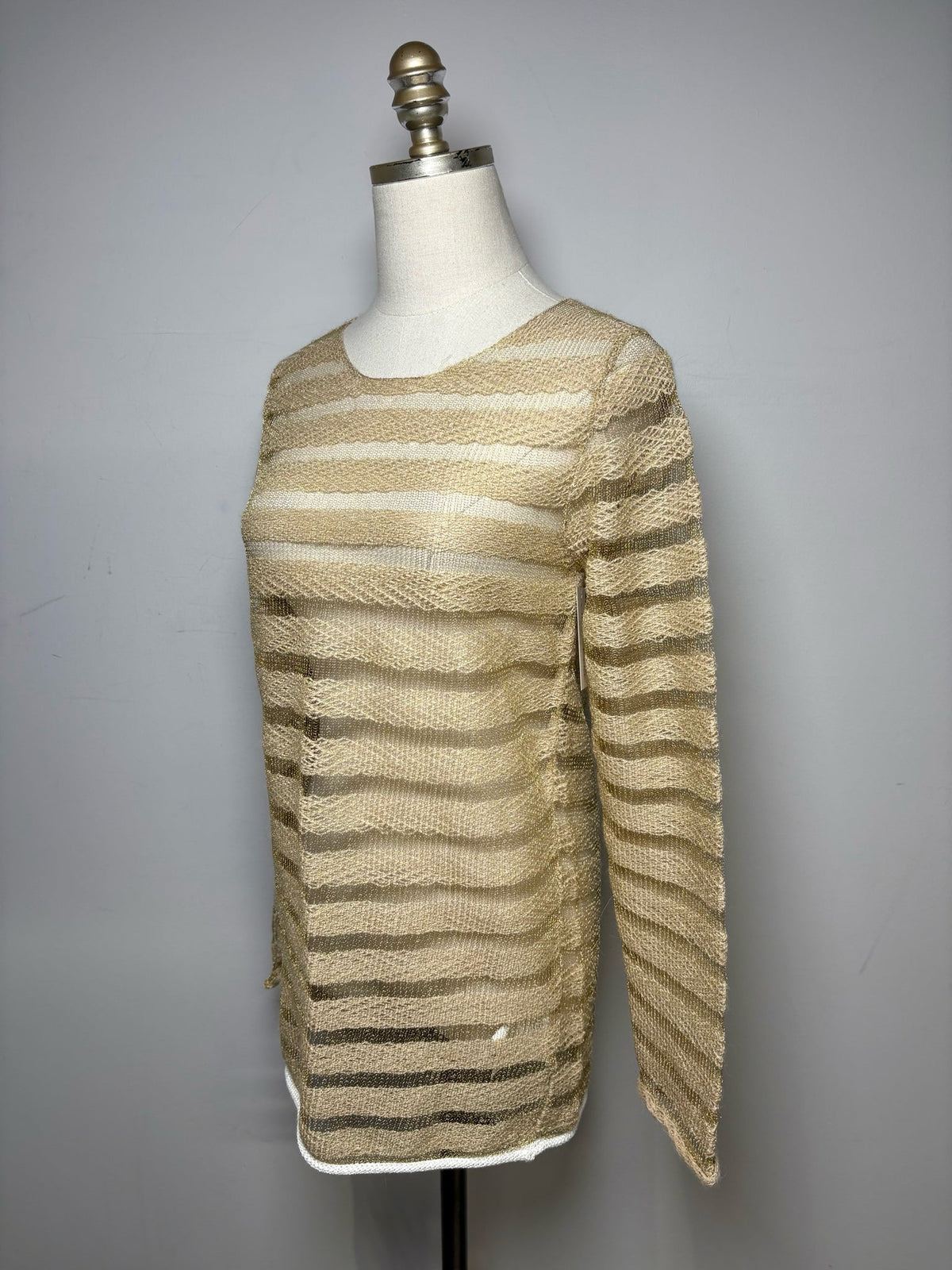S Women Size S Comme des Garcon Metallic Beige Woven Stripes Wool Blend Top