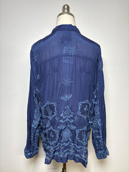 S Women Size S Johnny Was Blue Floral Embroidered Cupra Rayon Pre-Owned Top