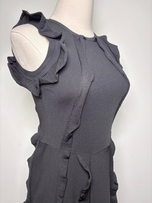 S Women Size S Valentino Spa Black, Stretch Knit, Ruffles Sleeves Midi Dress