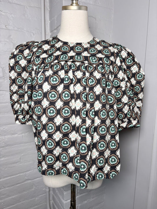 XS Women Size XS Hunter Bell Black, Mint Green, Peach Abstract Print Cotton Blouse
