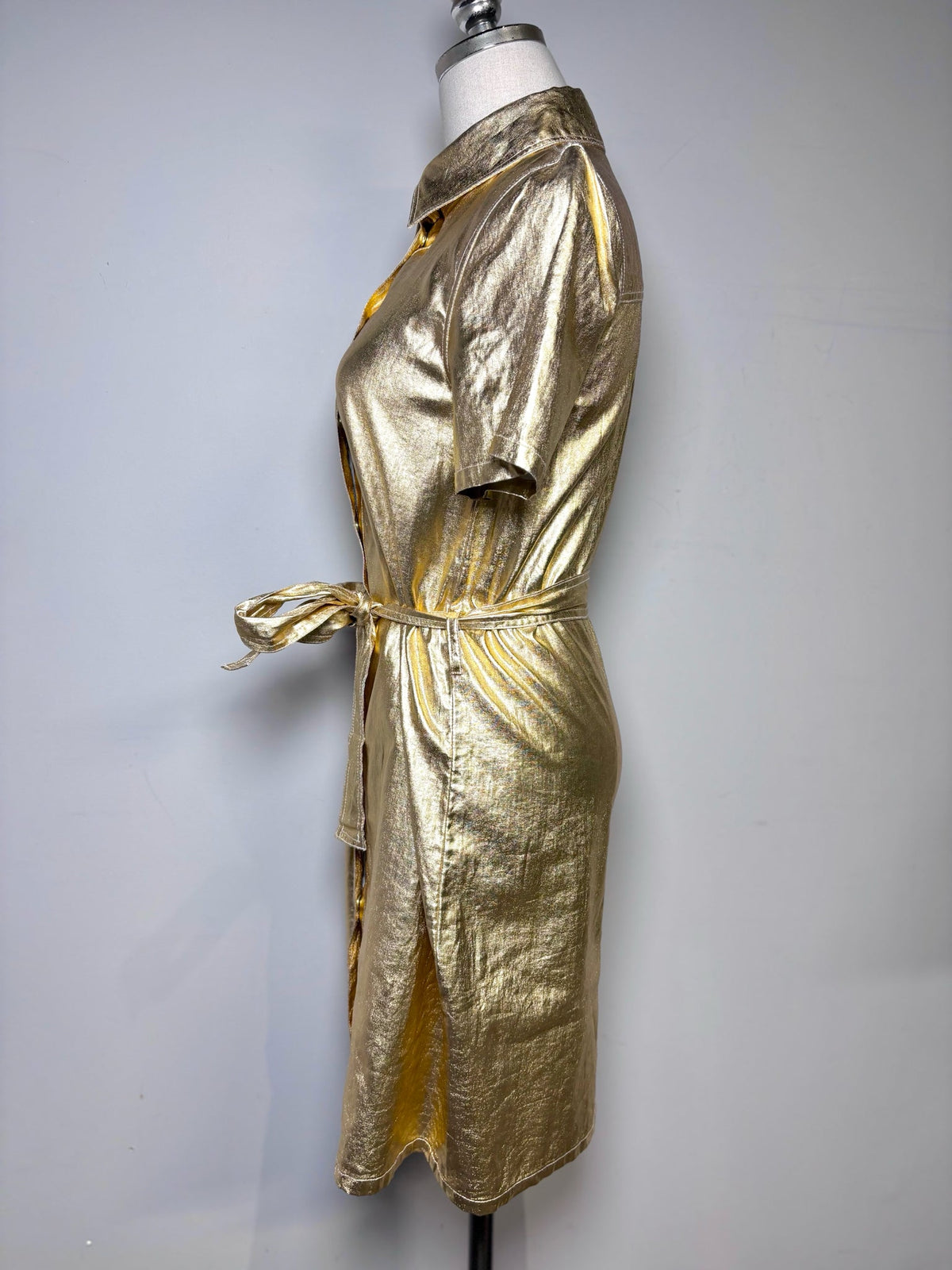 XS Women Size XS Lanthropy Metallic Gold Solid 100% Linen Pre-owned Shirt Dress
