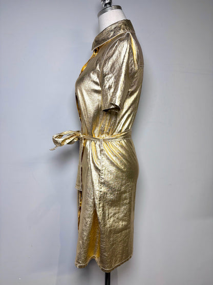 XS Women Size XS Lanthropy Metallic Gold Solid 100% Linen Pre-owned Shirt Dress