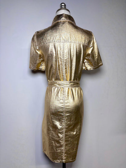 XS Women Size XS Lanthropy Metallic Gold Solid 100% Linen Pre-owned Shirt Dress