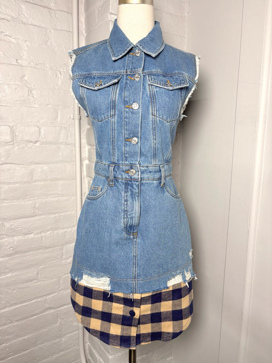 XS Women Size XS Moschino Jeans Blue Plaid Hem Denim Sleeveless Rare Dress