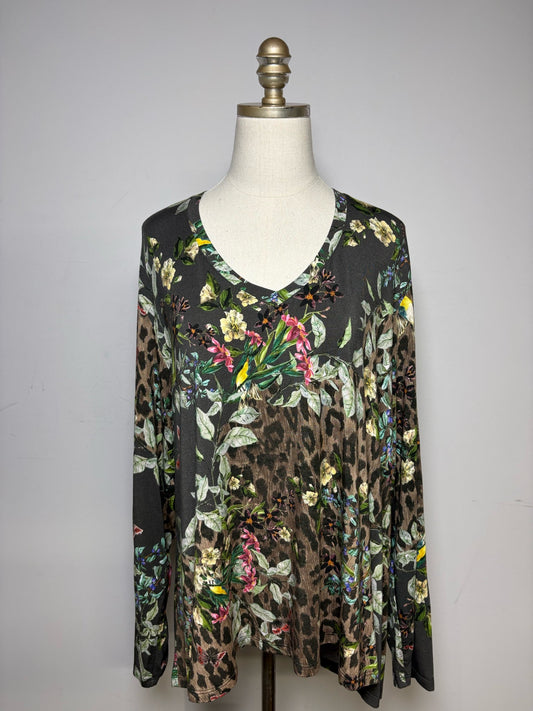 Women Size XXL Johnny Was Olive Green Floral & Animal Print Pre-Owned Long Sleeve Shirt - VIDA STYLE SHOP
