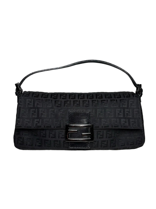 Vintage black Fendi Baguette with a black Fendi pattern and a metal Fendi logo.