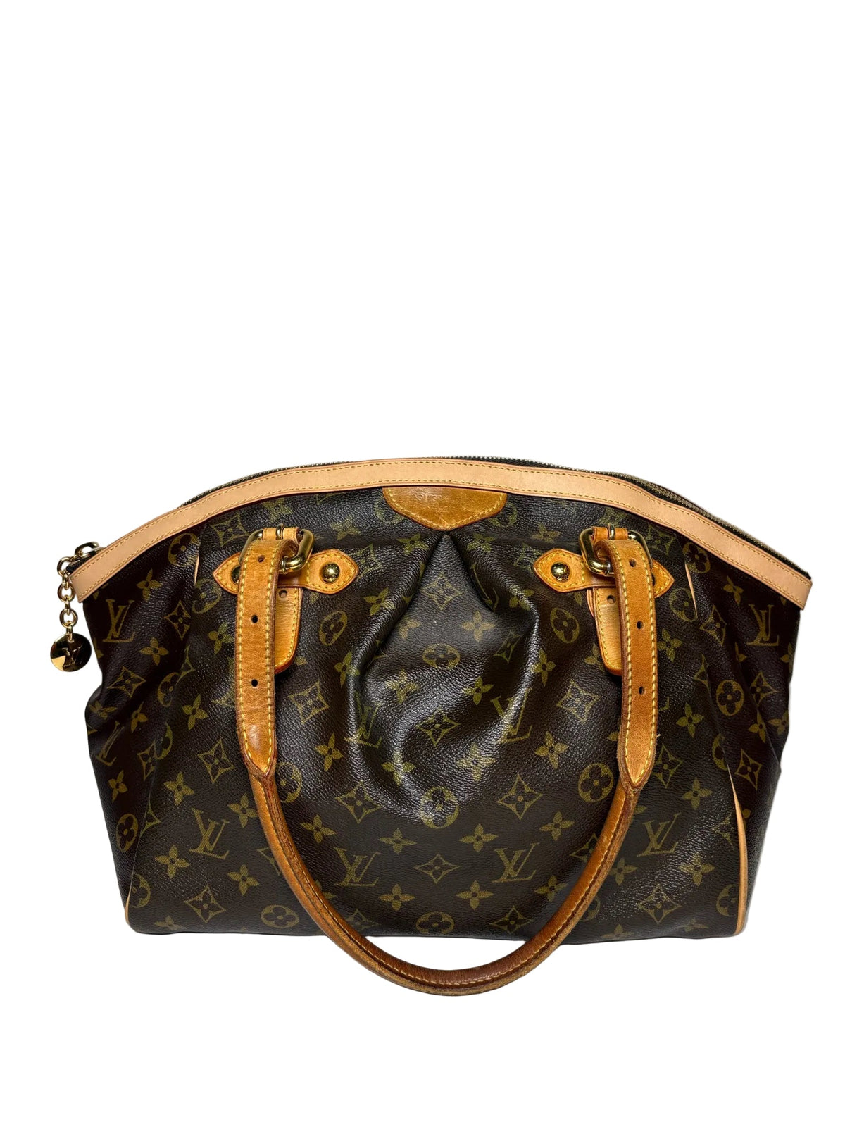 Classic brown Louis Vuitton pattern purse with a brown handle and gold zipper