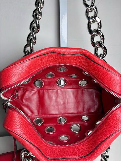 Women's Prada Vitello Daina Silver Grommets Leather Pre-owned Red Bag