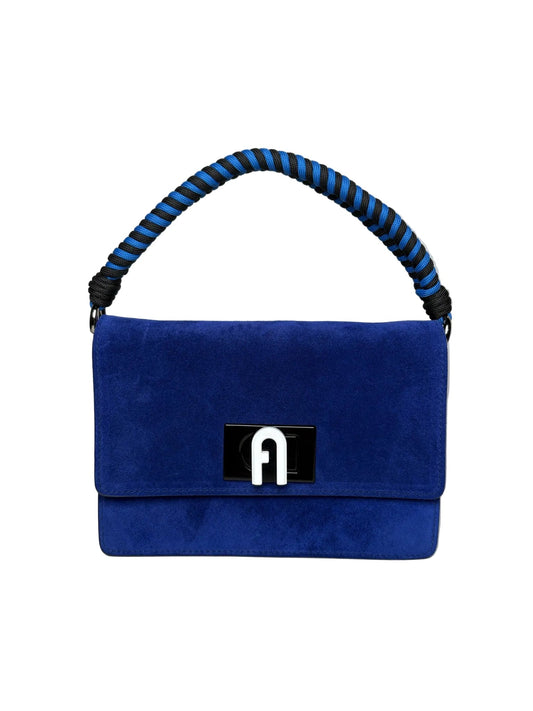 Blue Furla purse with black and white Furla logo and a blue and black top handle