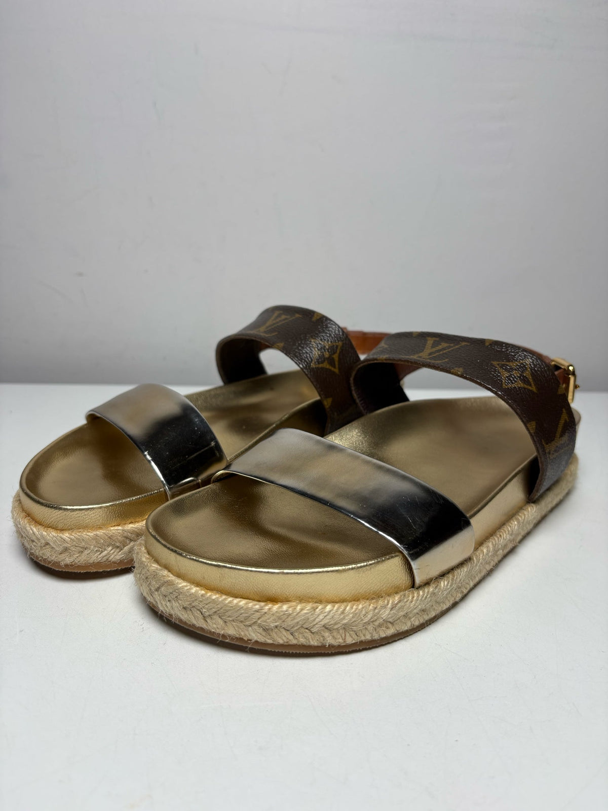 Gold, Brown Women's Shoe Size 37 Louis Vuitton Odyssey Gold Brown Leather Authentic Pre-Owned Espadrille Sandals