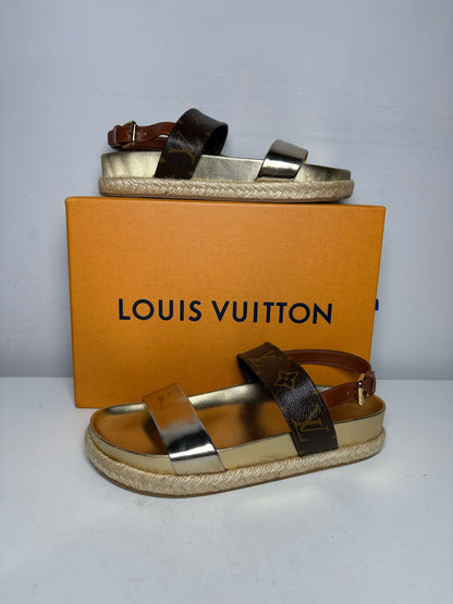 Gold, Brown Women's Shoe Size 37 Louis Vuitton Odyssey Gold Brown Leather Authentic Pre-Owned Espadrille Sandals