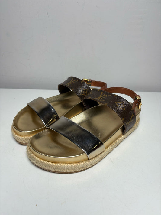 Gold, Brown Women's Shoe Size 37 Louis Vuitton Odyssey Gold Brown Leather Authentic Pre-Owned Espadrille Sandals